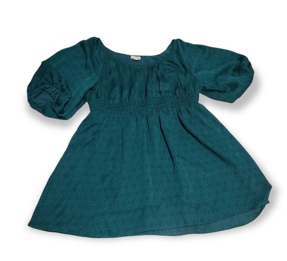 Odille Daisy Floral Print Green Elastic Arms & Waist Short Sleeved Blouse - Top